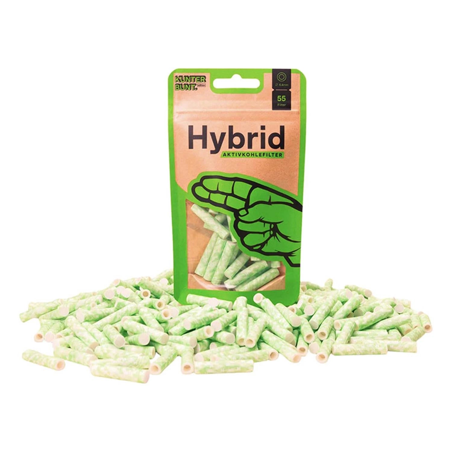 Hybrid Aktivkohlefilter Kunterbunt Edition Lime 55er Pack – grün-beige Standbeutel mit Hand-Illustration, davor ein Haufen hellgrün-weißer zylindrischer Hybridfilter 6,4mm