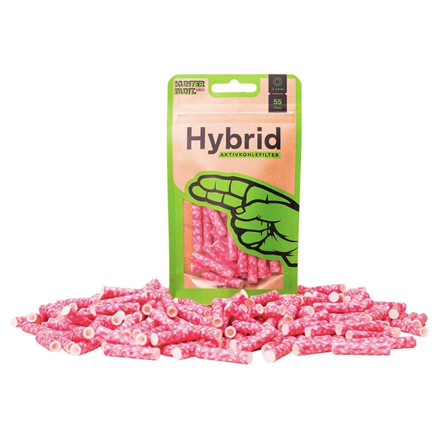 Hybrid Aktivkohlefilter Kunterbunt Edition Magenta-Pink 55er Pack – grün-beige Standbeutel mit Hand-Illustration, davor ein Haufen pink-weißer zylindrischer Hybridfilter 6,4mm