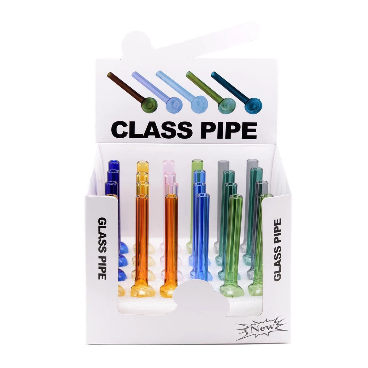 Glass Pipe Display-Box mit bunten Glaspfeifen in Blau, Orange, Rosa, Hellblau, Grau und Grün, schlankes Design mit flachem Kugelkopf, weißer Hintergrund