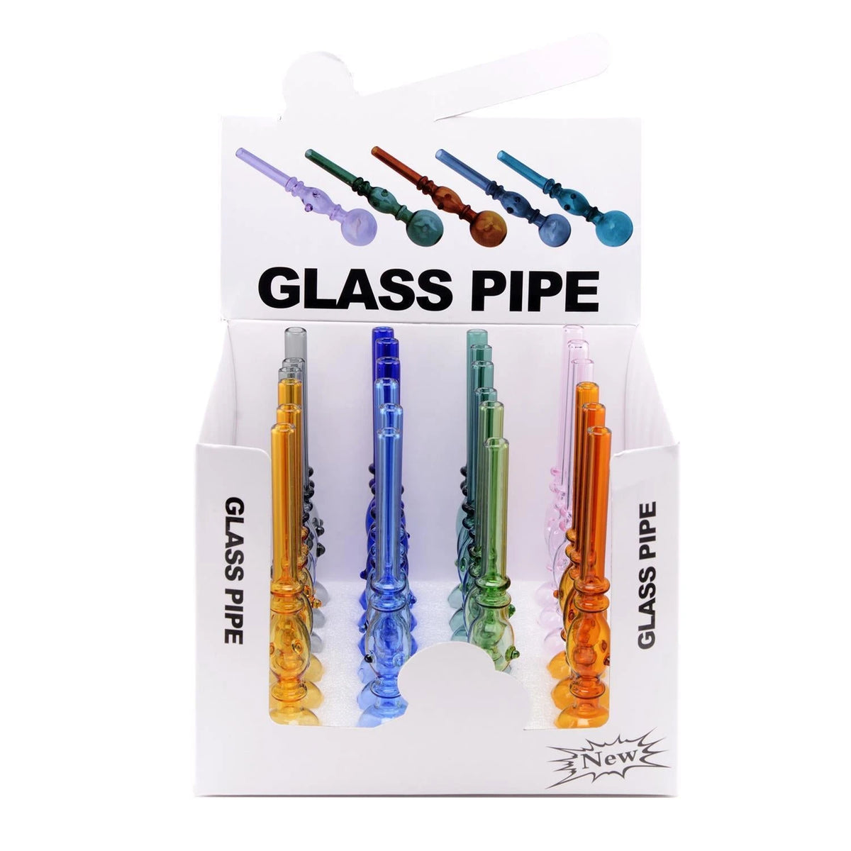 Glass Pipe Display-Box mit bunten Glaspfeifen in Gelb, Blau, Grün, Rosa und Orange, dekorativ geformte Stäbe mit Kugelkopf, weißer Hintergrund