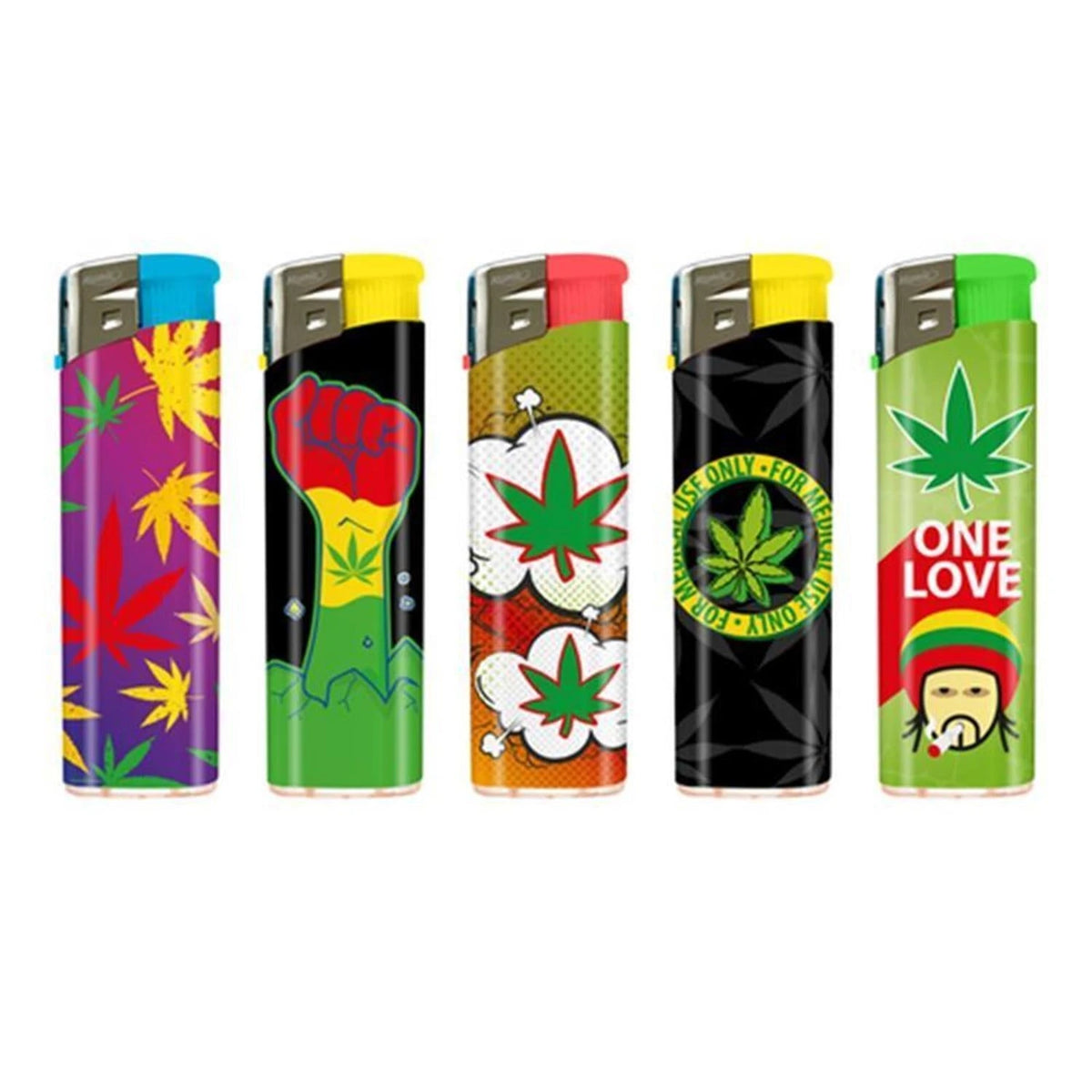 5 bunte Einwegfeuerzeuge mit Cannabis-Motiven: buntes Blatt-Muster, Rasta-Faust, Comic-Wolken, „For Medical Use Only" und „One Love" Rasta-Motiv, weißer Hintergrund