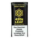 420z Leaf Fresh Lemon Natural Smoking Blend, schwarzer Tabakersatz-Beutel, gelbes Blüten-Logo, „100% Nicotine Free", deutscher Warnhinweis unten, weißer Hintergrund