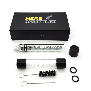 Herb Shuttles Gold Set – Komplettset mit transparentem Glaszylinder, silbernen Mundstück, Aufbewahrungsröhrchen mit schwarzen Kappen, Reinigungsbürsten und O-Ringen in schwarzer Geschenkbox