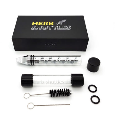 Herb Shuttles Gold Set – Komplettset mit transparentem Glaszylinder, silbernen Mundstück, Aufbewahrungsröhrchen mit schwarzen Kappen, Reinigungsbürsten und O-Ringen in schwarzer Geschenkbox