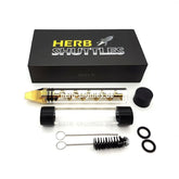 Herb Shuttles Gold Set – Komplettset mit transparentem Glaszylinder, goldfarbenem Mundstück, Aufbewahrungsröhrchen mit schwarzen Kappen, Reinigungsbürsten und O-Ringen in schwarzer Geschenkbox