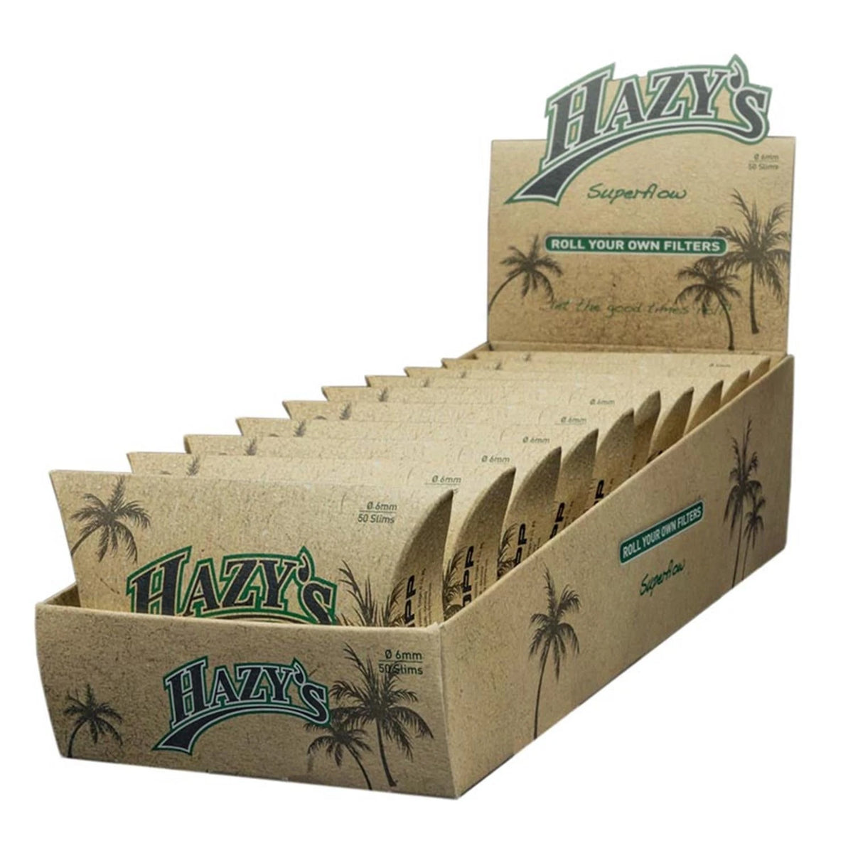Hazy's Superflow Coconut Charcoal Filter Display – geöffnete Verkaufs-Display-Box in Korkoptik mit Palmen-Illustration und Hazy's-Logo, gefüllt mit mehreren kissenförmigen Einzelverpackungen à 50 Slims, Ø 6mm, Aufschrift "Roll Your Own Filters"