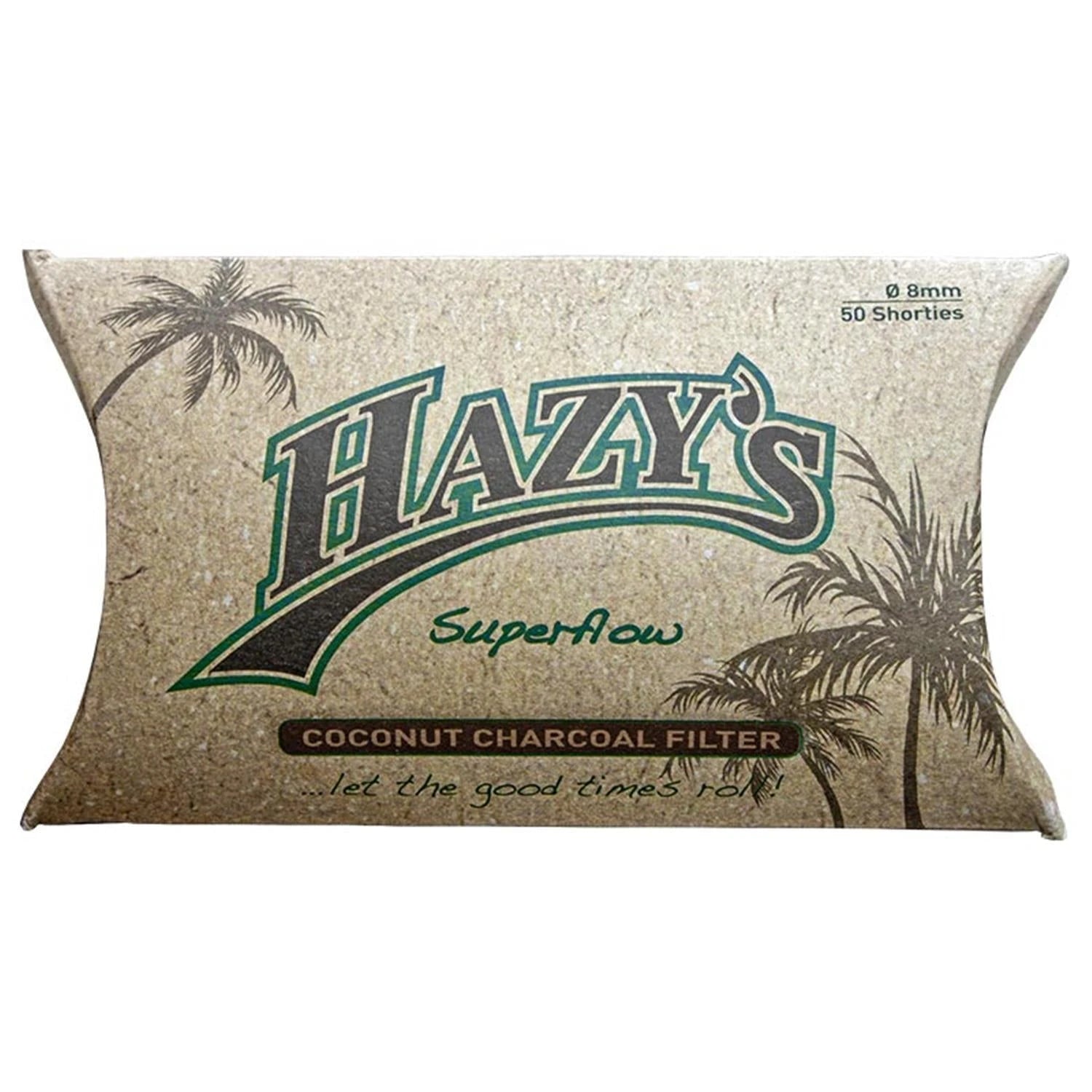 Hazy's Superflow Coconut Charcoal Filter 50er Pack Shorties – kissenförmige Verpackung in Korkoptik mit Palmen-Illustration, grünem Hazy's-Schriftzug und Aufschrift "...let the good times roll!", Ø 8mm, 50 Shorties