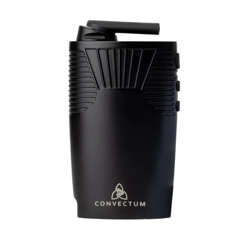 Hizen Convectum Vaporizer in Schwarz – kompakter tragbarer Vaporizer mit geriffeltem Gehäuse, seitlichen Bedienelementen, herausgeklapptem Mundstück und Convectum-Logo an der Vorderseite