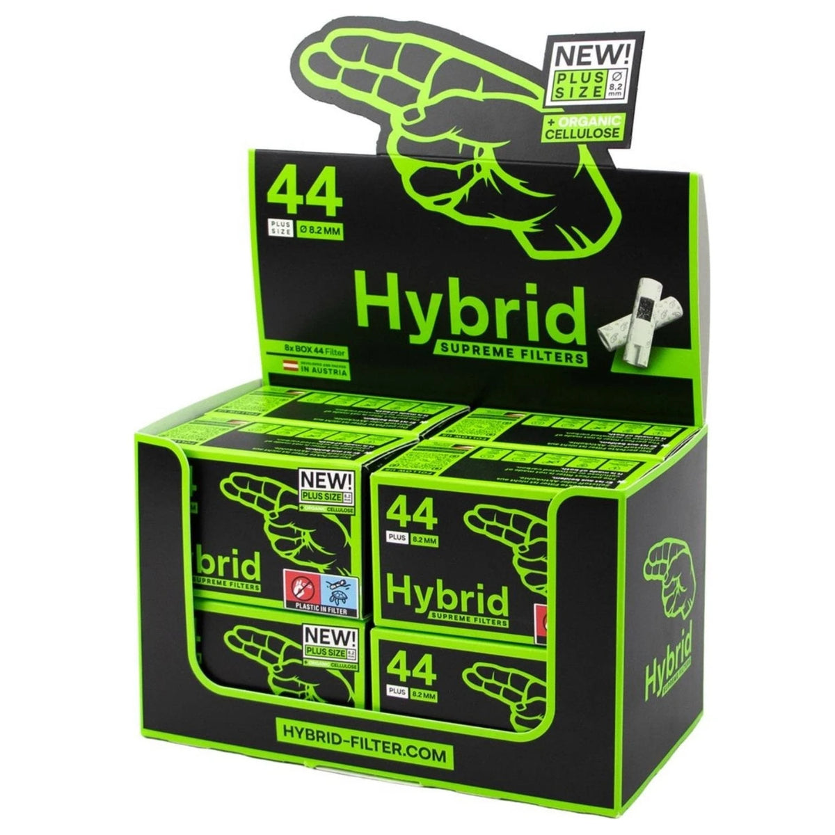 Hybrid Supreme Filters Plus Size 8,2mm Display – geöffnete schwarz-grüne Verkaufs-Display-Box mit 8 einzelnen Faltschachteln à 44 Filter, New! Plus Size Organic Cellulose Kennzeichnung, hergestellt in Österreich