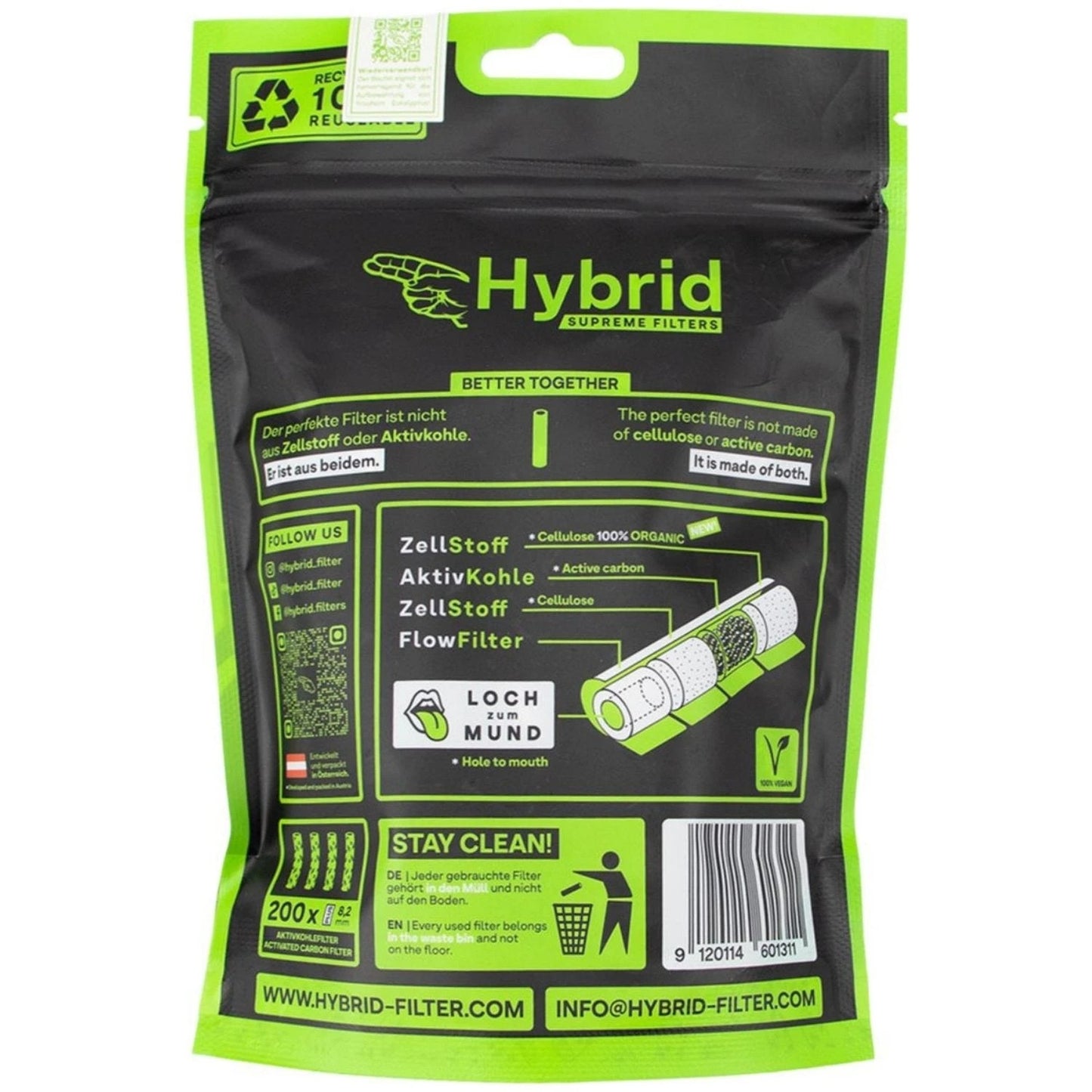 Hybrid Supreme Filters Plus Size White 200er Pack – Rückseite der schwarz-grünen Standbeutel-Verpackung mit Produktbeschreibung "Better Together", Aufbau-Illustration der vier Filter-Schichten (ZellStoff, AktivKohle, ZellStoff, FlowFilter), Stay Clean!-Hinweis, Recycling-Symbol, 100% Vegan-Siegel und Barcode