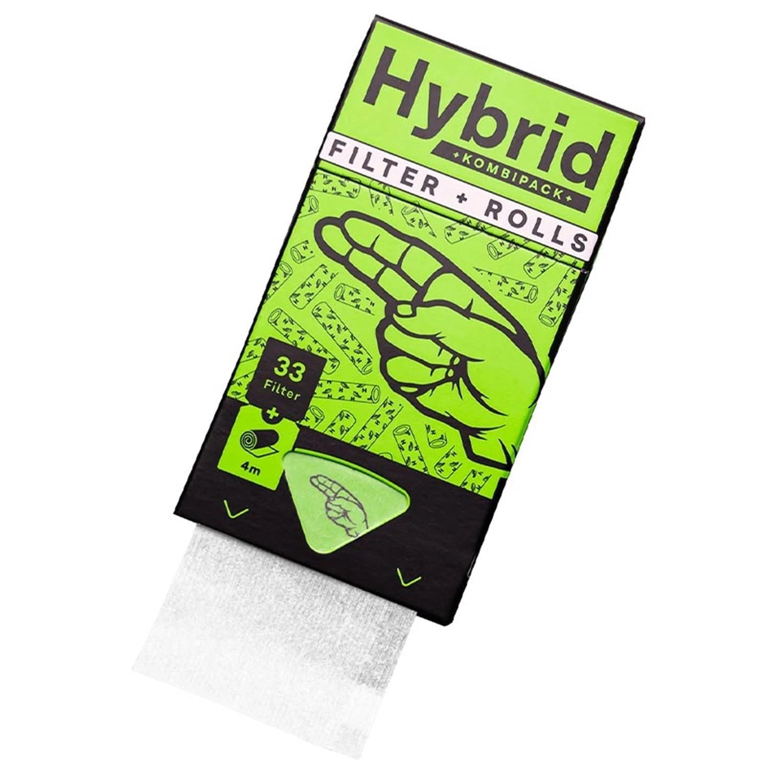 Hybrid Filter + Rolls Kombipack – geschlossene schwarz-grüne Zigarettenschachtel-förmige Verpackung mit Hand-Illustration und Aufschrift "33 Filter + 4m Rolls", unten herausrollendes weißes Papierroll, Schrägansicht