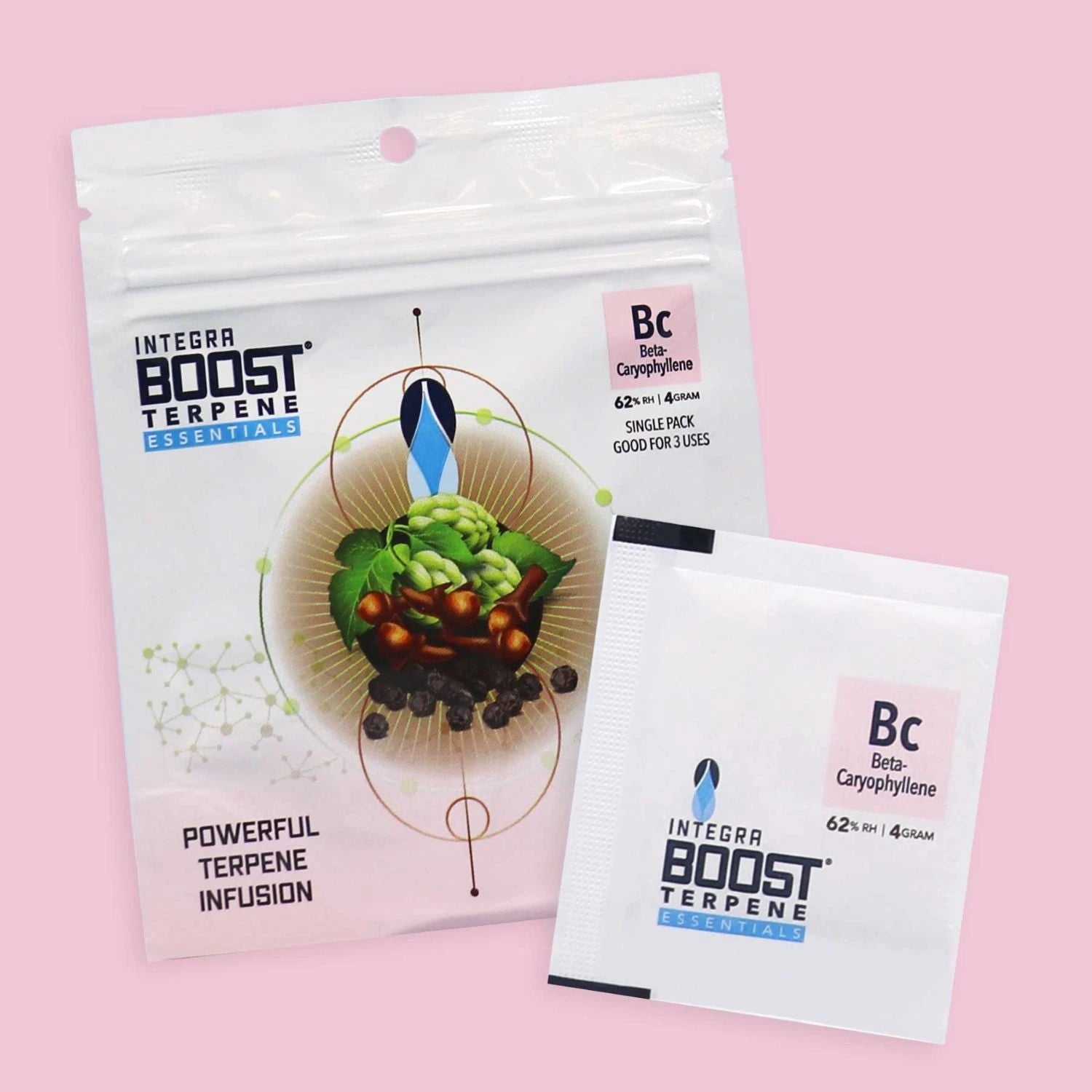 Integra Boost Terpene Essentials Beta-Caryophyllene Bc 62% RH 4g, Verpackung und Single Pack mit Aufdruck Powerful Terpene Infusion, Single Pack Good for 3 Uses, rosa Hintergrund