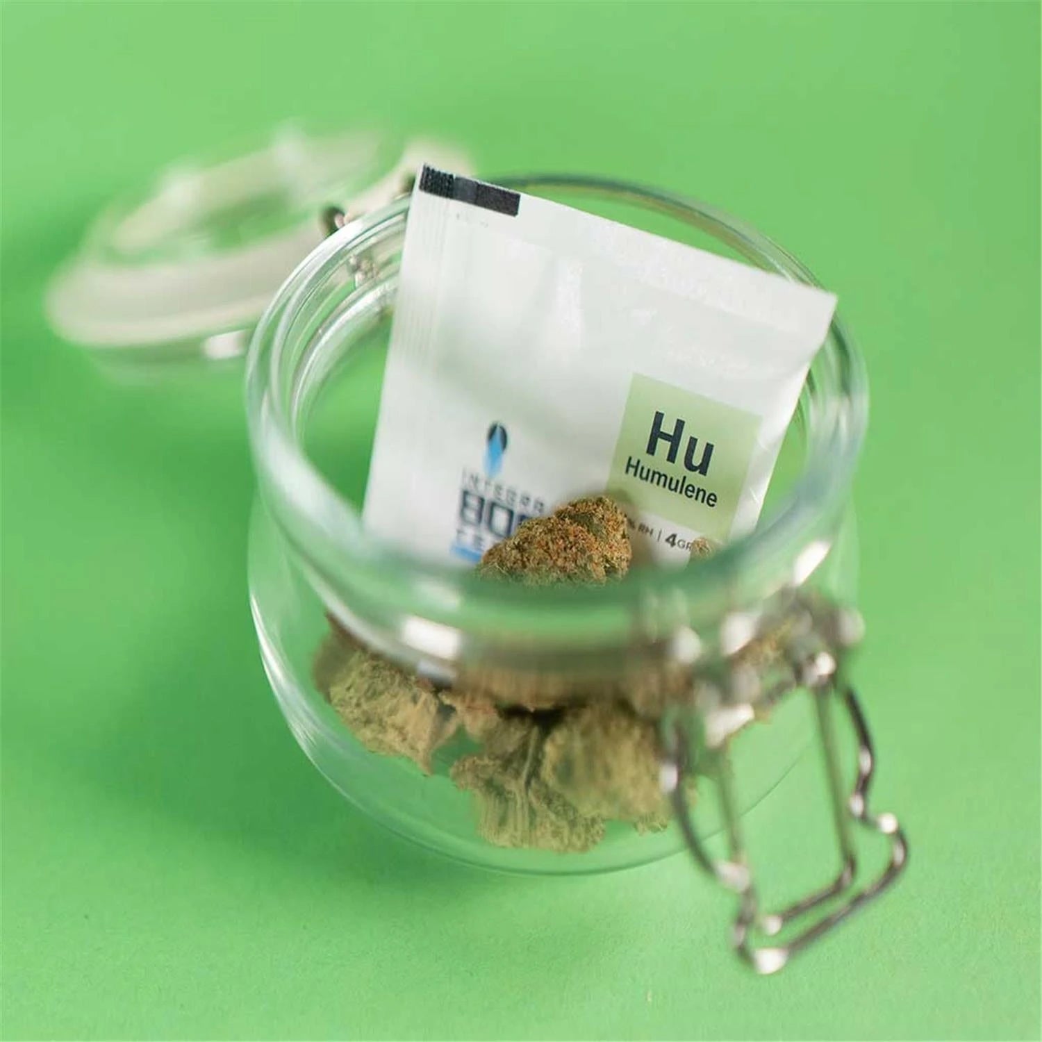 Integra Boost Terpene Essentials Humulene Hu 62% RH 4g Feuchtigkeitspad in geöffnetem Glasgefäß mit Kräuter-Buds, grüner Hintergrund