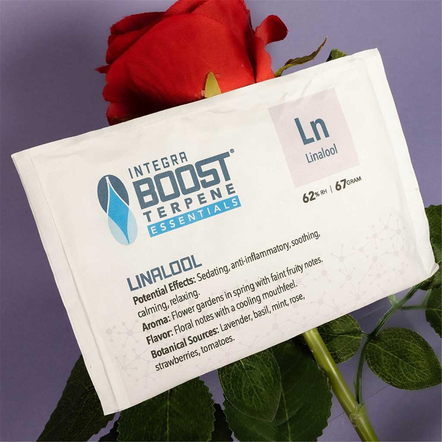 Integra Boost Terpene Essentials Linalool Ln 62% RH 67g, Mögliche Wirkungen Beruhigend Entzündungshemmend Wohltuend Entspannend, Aroma Blumengarten im Frühling mit leichten Fruchtnoten, Geschmack Blumennoten mit kühlendem Mundgefühl, Botanische Quellen Lavendel Basilikum Minze Rose Erdbeeren Tomaten, rote Rose, lila Hintergrund