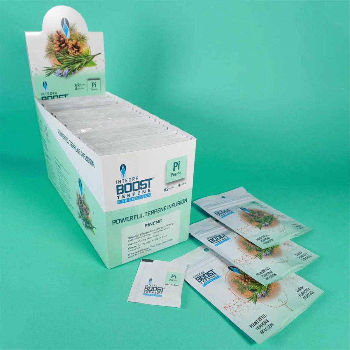 Integra Boost Terpene Essentials Pinene Pi 62% RH 4g Display-Box geöffnet mit Single Packs, Powerful Terpene Infusion, 24h Humidity Control, türkiser Hintergrund