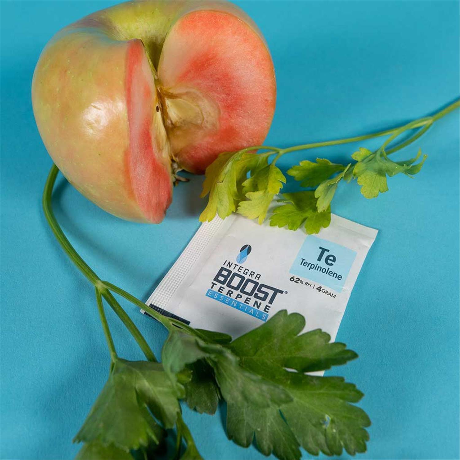 Integra Boost Terpene Essentials Terpinolene Te 62% RH 4g Feuchtigkeitspad mit aufgeschnittenem Apfel und Petersilie, hellblauer Hintergrund