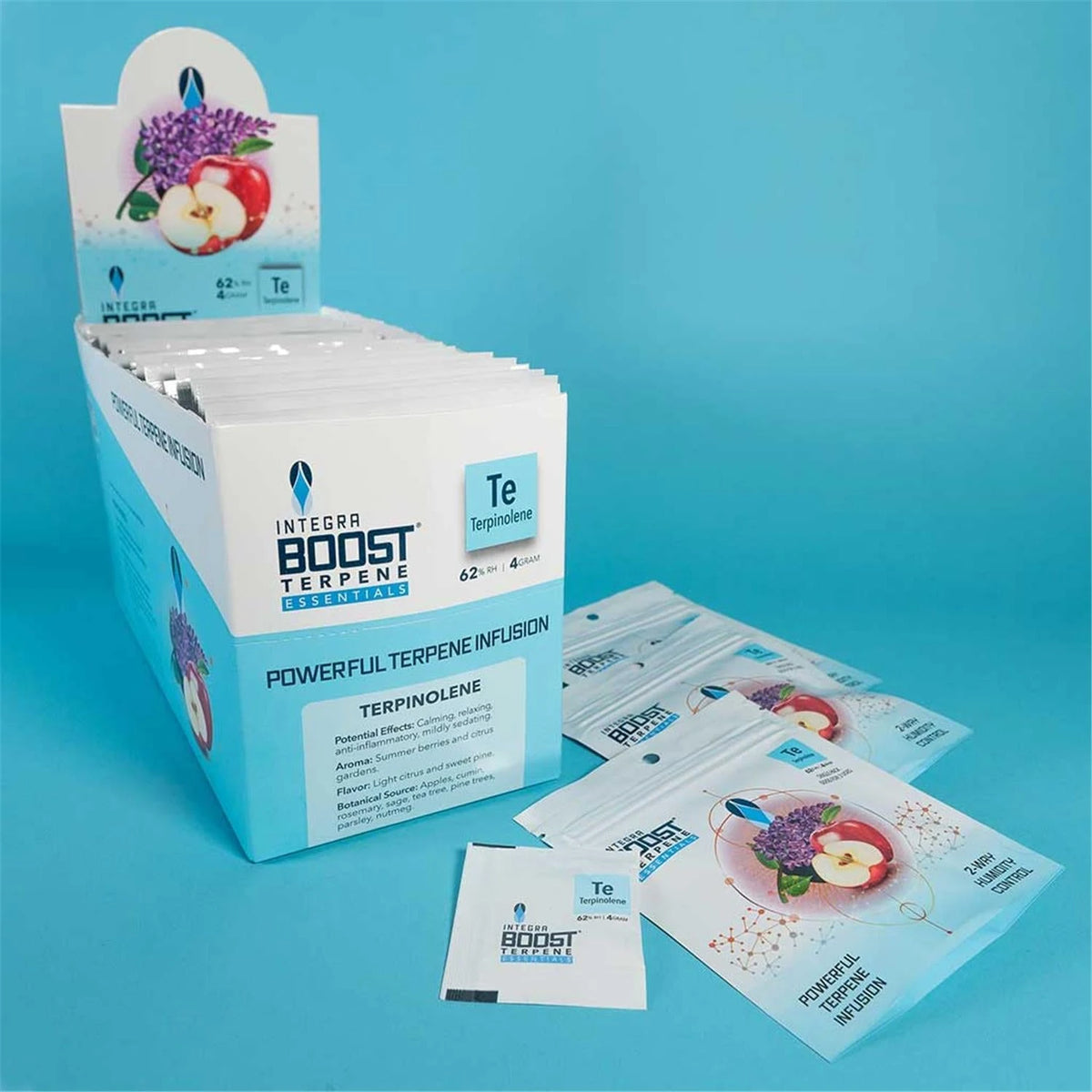 Integra Boost Terpene Essentials Terpinolene Te 62% RH 4g Display-Box geöffnet mit Single Packs, Powerful Terpene Infusion, 2-Way Humidity Control, hellblauer Hintergrund