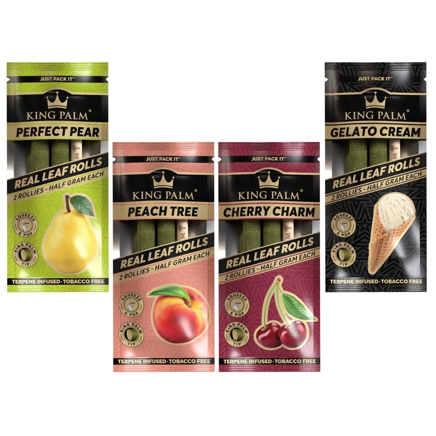 King Palm Rollies Flavored Real Leaf Rolls – vier Sorten nebeneinander: Perfect Pear, Peach Tree, Cherry Charm und Gelato Cream, terpene-infused, tabakfrei, je 2 Rollies à 0,5g