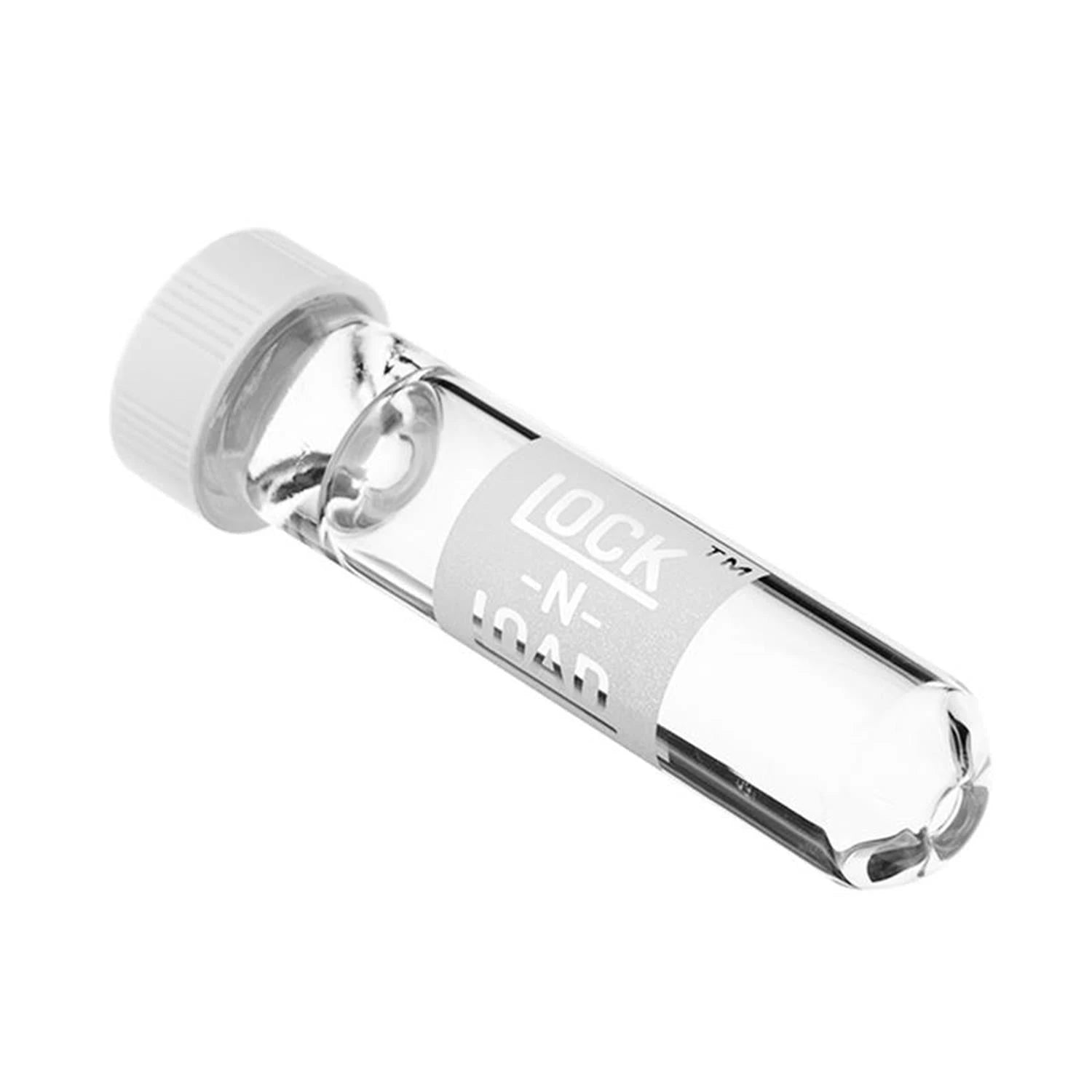 Lock-N-Load Glasfilter White Caps, transparenter Glasfilter mit weißem Schraubdeckel, „Lock-N-Load" Aufschrift, Schrägansicht, weißer Hintergrund