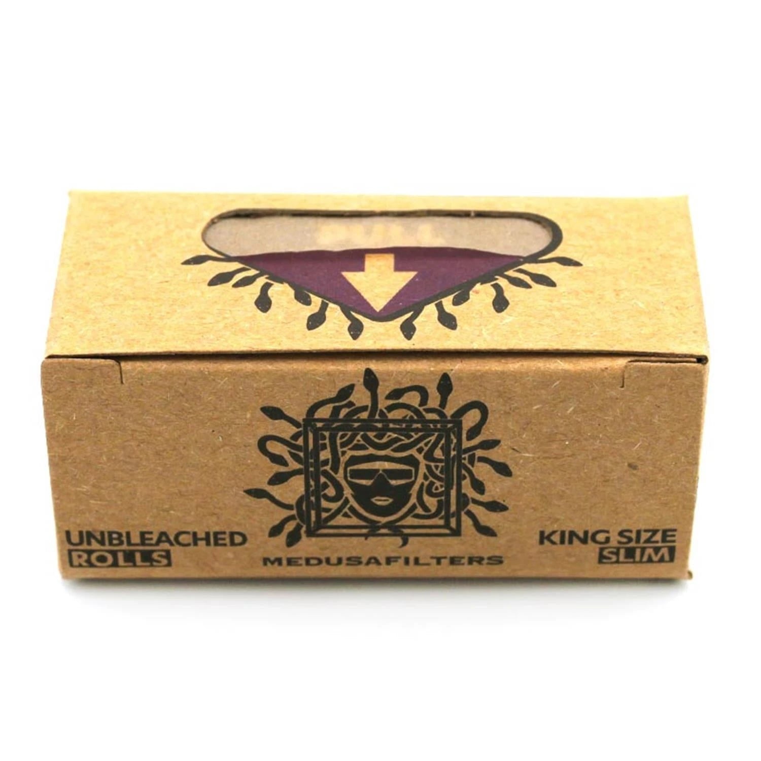 Medusa Filters Unbleached Rolls King Size Slim, Frontansicht, braune Kraftpapier-Verpackung, schwarzes Medusa-Logo mit Schlangenhaaren, Aufschriften „Unbleached Rolls" und „King Size Slim", lila Pfeil in Sichtfenster