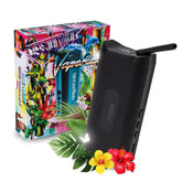 Nanu X Vaporizer 3000 OpenMind Limited Edition – schwarzes Gerät mit Mundstück und Temperaturanzeige neben farbenfroher Verpackung mit tropischem Design, dekoriert mit Hibiskusblüten und Palmblättern