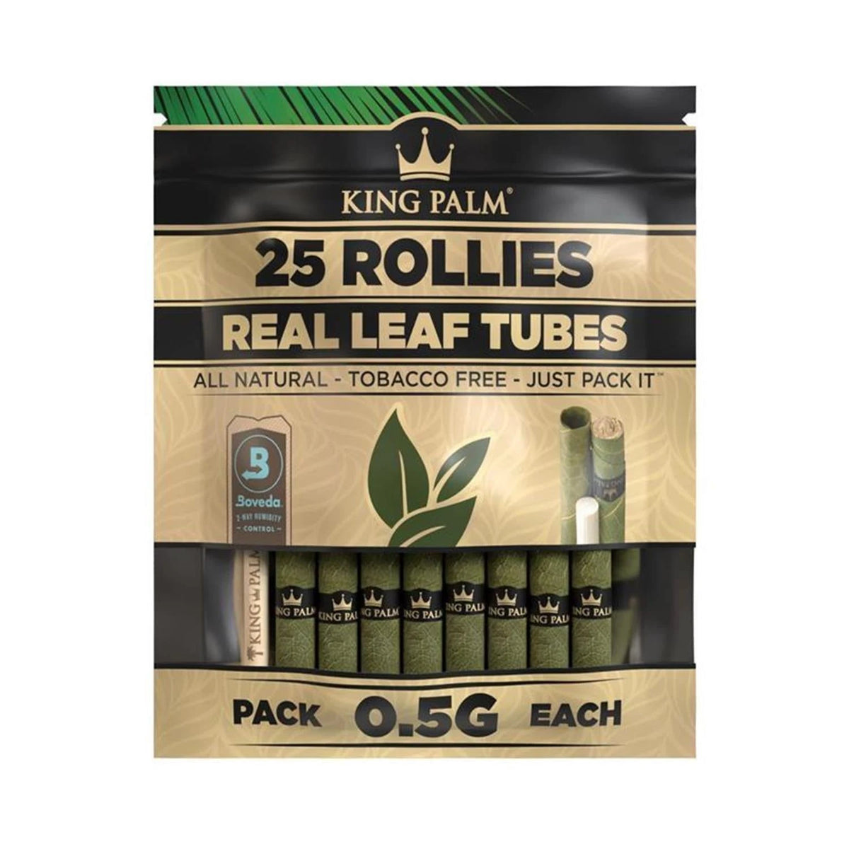 King Palm 25 Rollies Real Leaf Tubes Natural – tabakfreie Blattröhrchen 0,5g mit Boveda Feuchtigkeitsregler