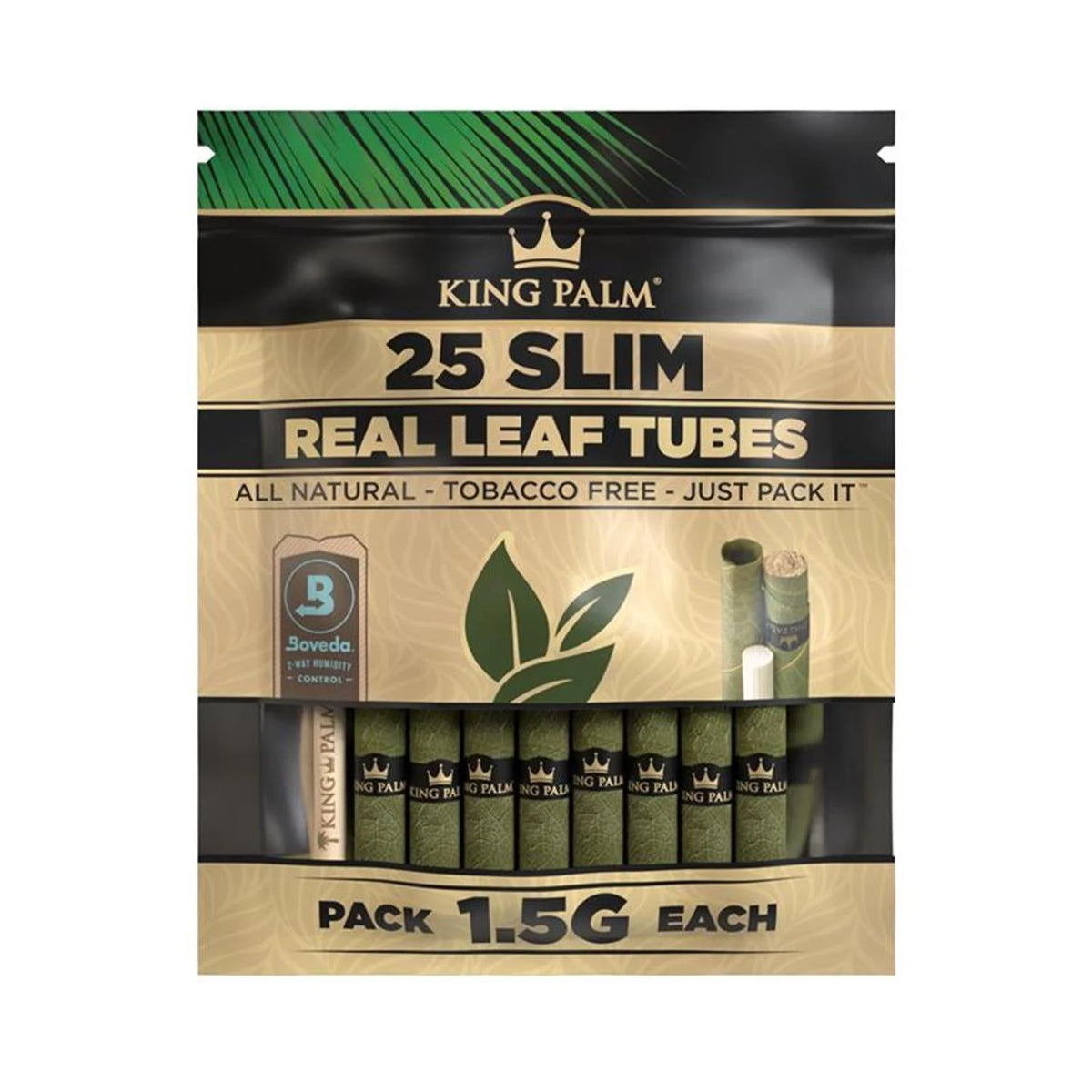 King Palm 25 Slim Real Leaf Tubes Natural – tabakfreie Blattröhrchen 1,5g mit Boveda Feuchtigkeitsregler
