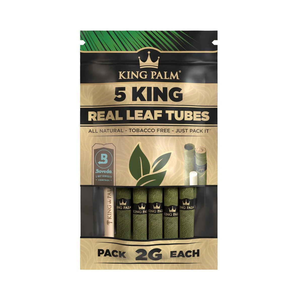 King Palm 5 King Real Leaf Tubes Natural – tabakfreie Blattröhrchen 2g mit Boveda Feuchtigkeitsregler
