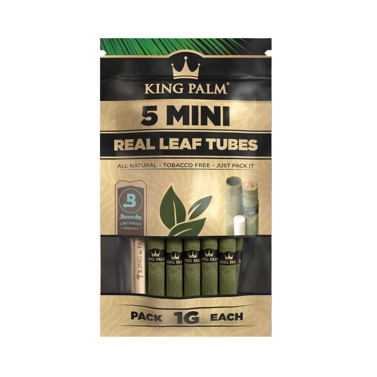 King Palm 5 Mini Real Leaf Tubes Natural – tabakfreie Blattröhrchen 1g mit Boveda Feuchtigkeitsregler
