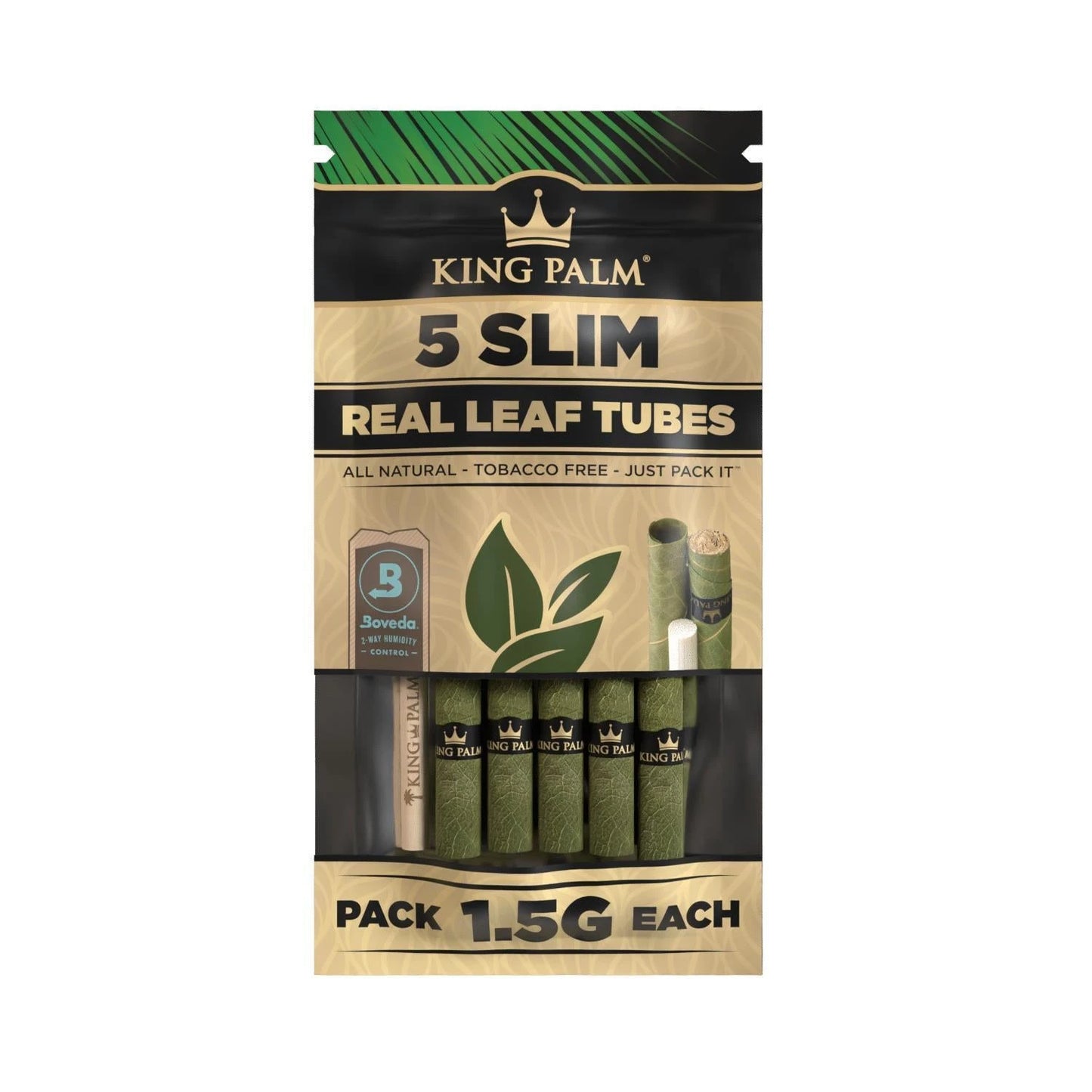 King Palm 5 Slim Real Leaf Tubes Natural – tabakfreie Blattröhrchen 1,5g mit Boveda Feuchtigkeitsregler