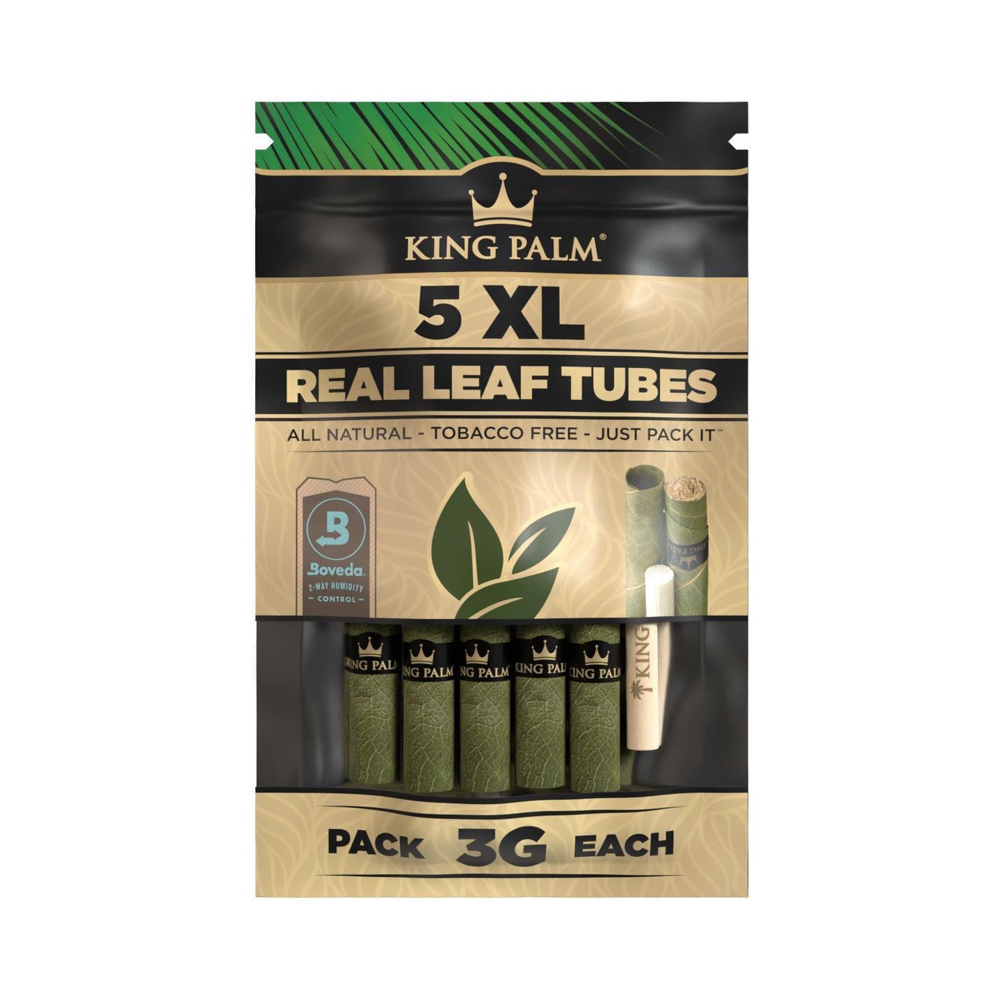 King Palm 5 XL Real Leaf Tubes Natural – tabakfreie Blattröhrchen 3g mit Boveda Feuchtigkeitsregler