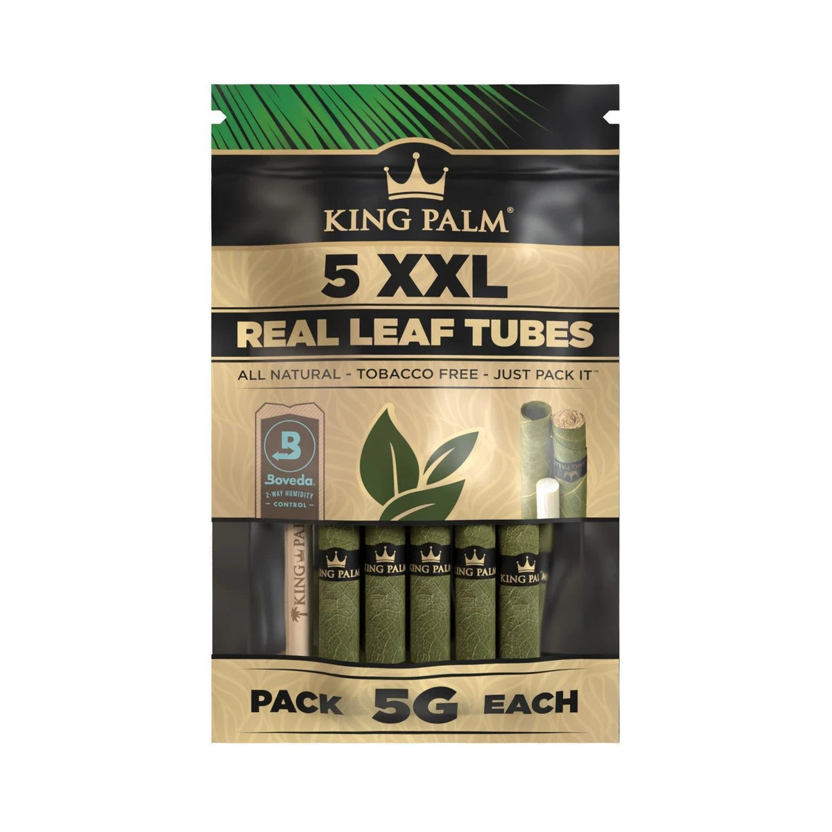 King Palm 5 XXL Real Leaf Tubes Natural – tabakfreie Blattröhrchen 5g mit Boveda Feuchtigkeitsregler