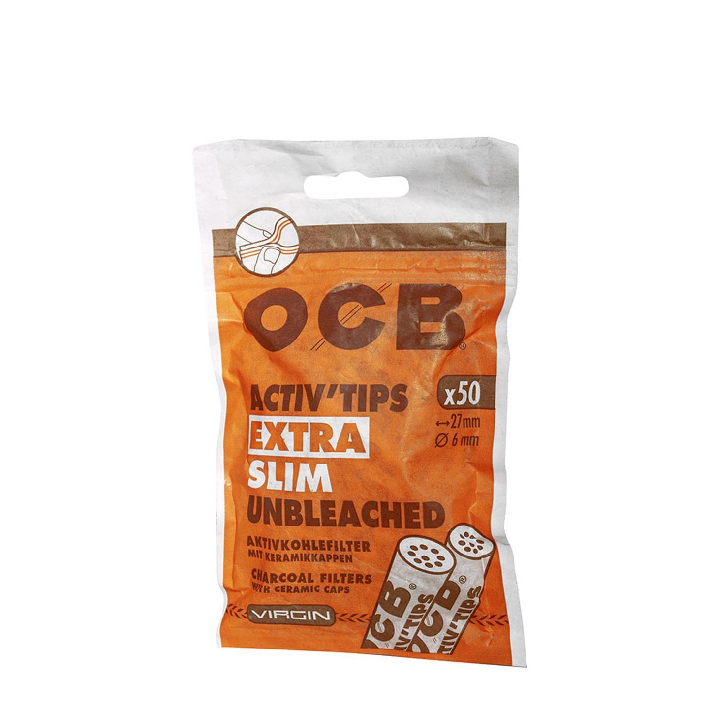 OCB Aktivkohlefilter Virgin Activ Tips Slim unbleached Ø 6 mm Beutel (50 Stück)
