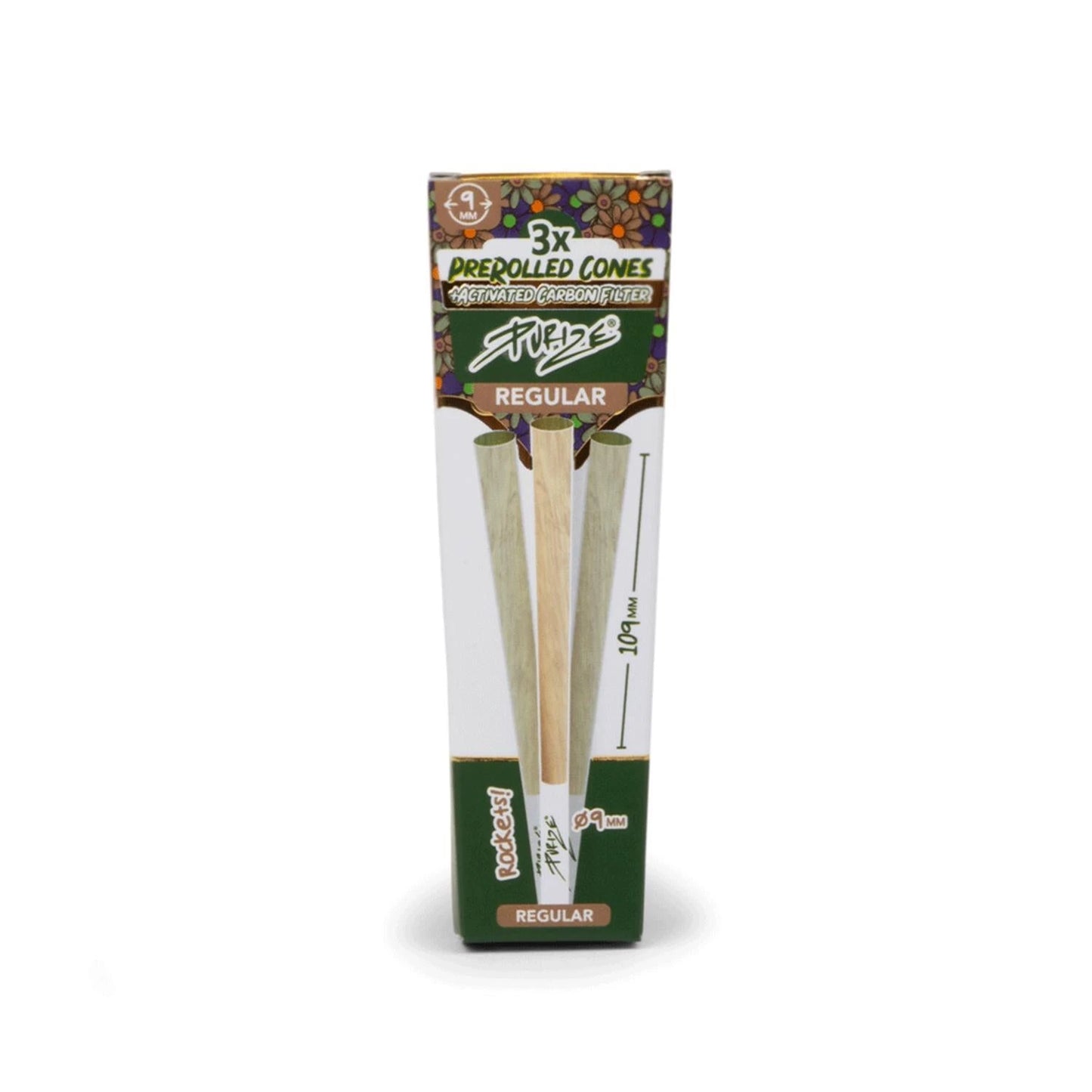 PURIZE 3x Prerolled Cones Regular mit 9 mm Aktivkohlefilter, Verpackung mit Sichtfenster, 109 mm Länge, Blumen-Design und PURIZE Logo