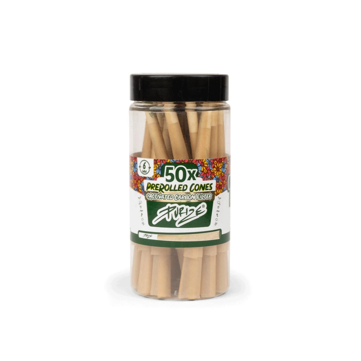 PURIZE 50x Prerolled Cones mit 6 mm Aktivkohlefilter in wiederverschließbarer Dose, vorgedrehte Cones aus ungebleichtem Papier mit PURIZE Logo