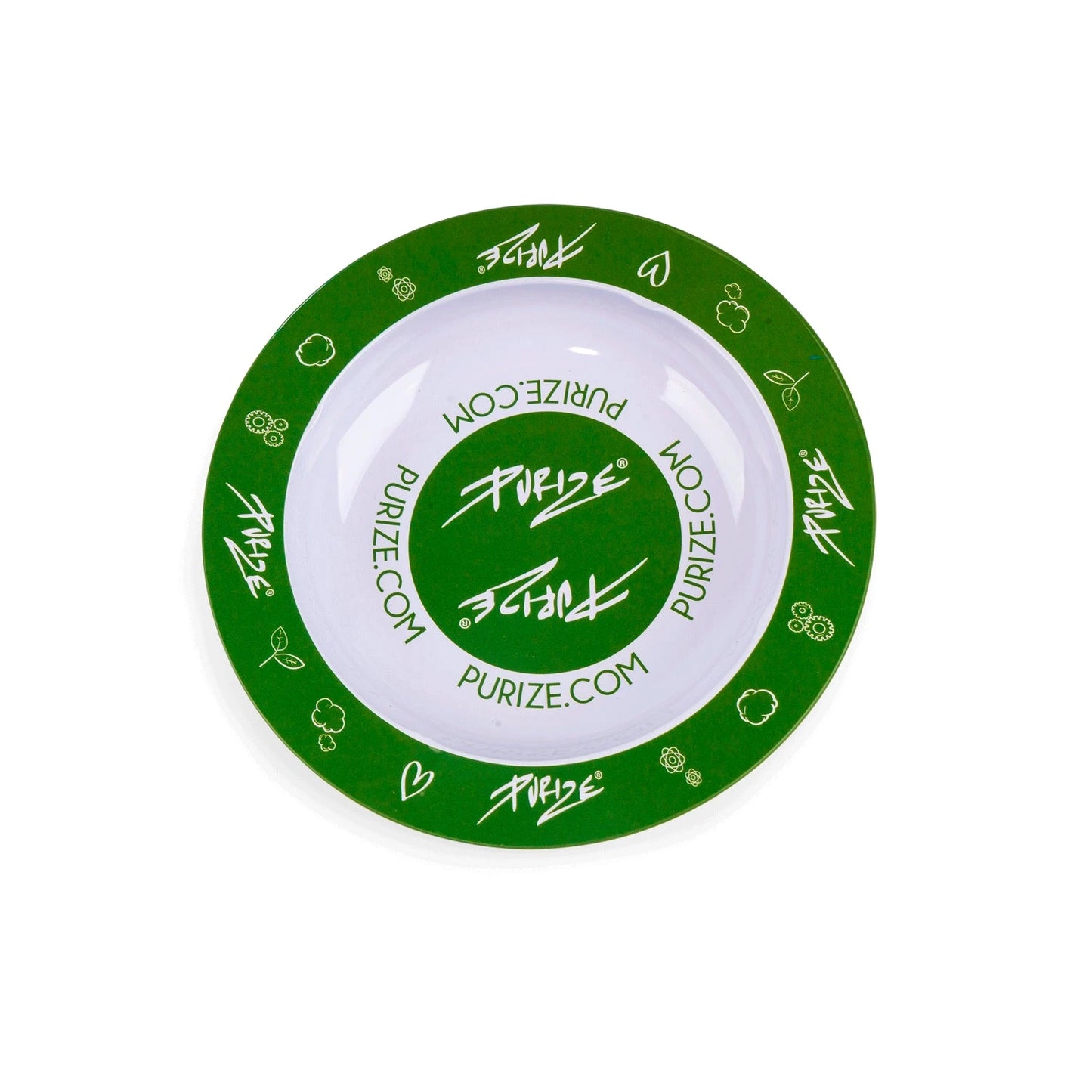 PURIZE Aschenbecher in Grün-Weiß aus Metall, rund, mit PURIZE Logo, Doodle-Symbolen und purize.com Schriftzug