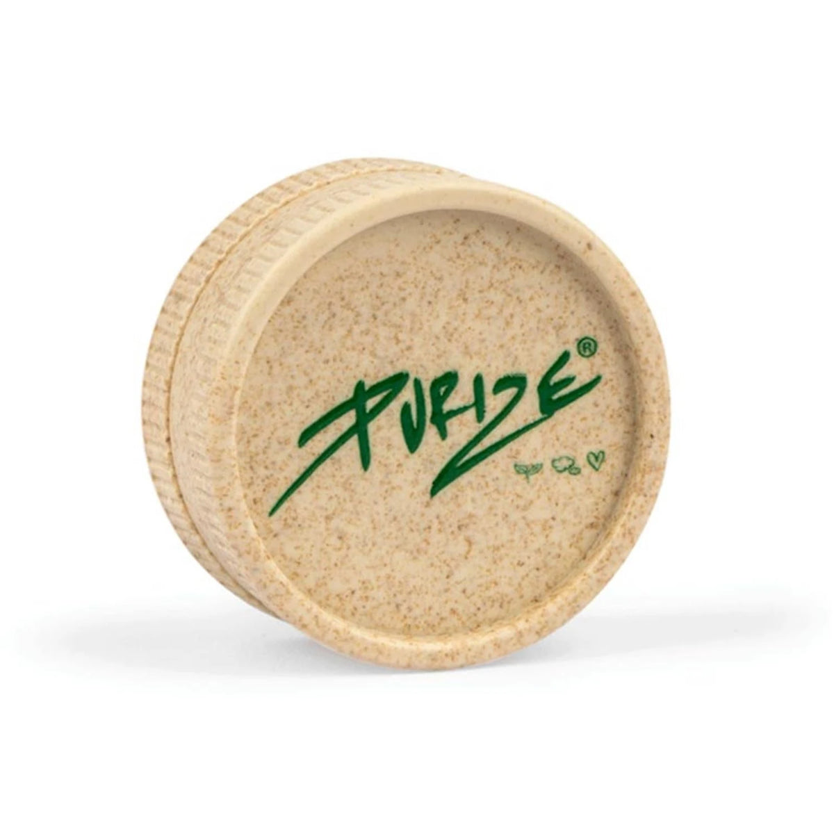 PURIZE Grinder aus Hanf-Komposit in Natur-Beige, geschlossen mit grünem PURIZE Logo und Doodle-Symbolen auf dem Deckel
