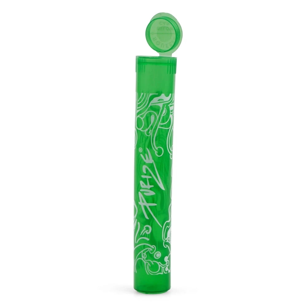PURIZE Joint-Tube in Grün, transparente Aufbewahrungshülle mit Pop-Up-Deckel, weißem Doodle-Design und PURIZE Logo