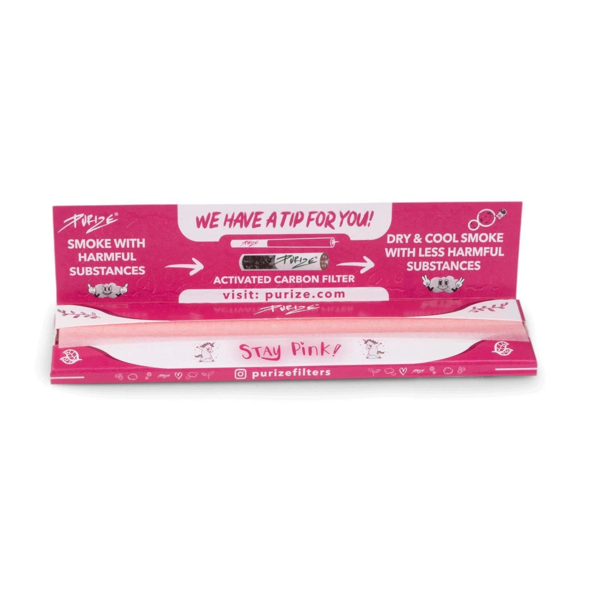 PURIZE King Size Slim Papers in Pink, geöffnetes Heftchen mit sichtbaren pinken Papers, Filter-Infografik und Stay Pink Schriftzug