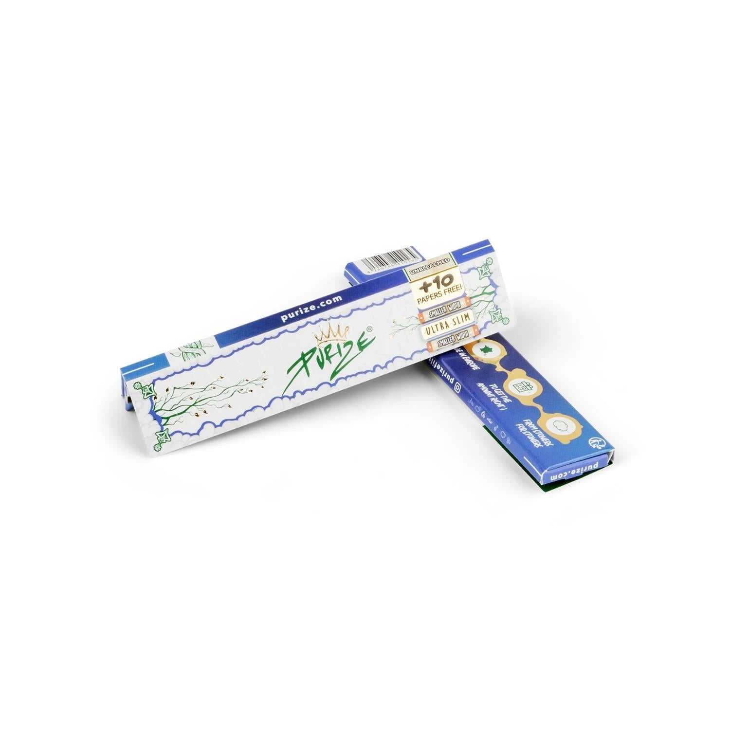 PURIZE King Size Ultra Slim Papers in Blau-Weiß, zwei Heftchen mit PURIZE Logo, Krone, Ultra Slim, unbleached und +10 Papers Free Hinweis