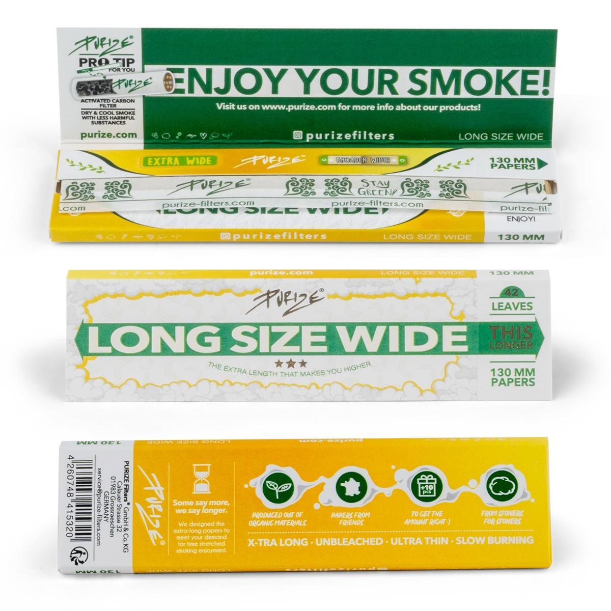 PURIZE Long Size Wide Papers, 130 mm extra breite Papers, Vorder- und Rückseite mit Produktdetails: 42 Leaves, unbleached, ultra thin, slow burning und PURIZE Logo