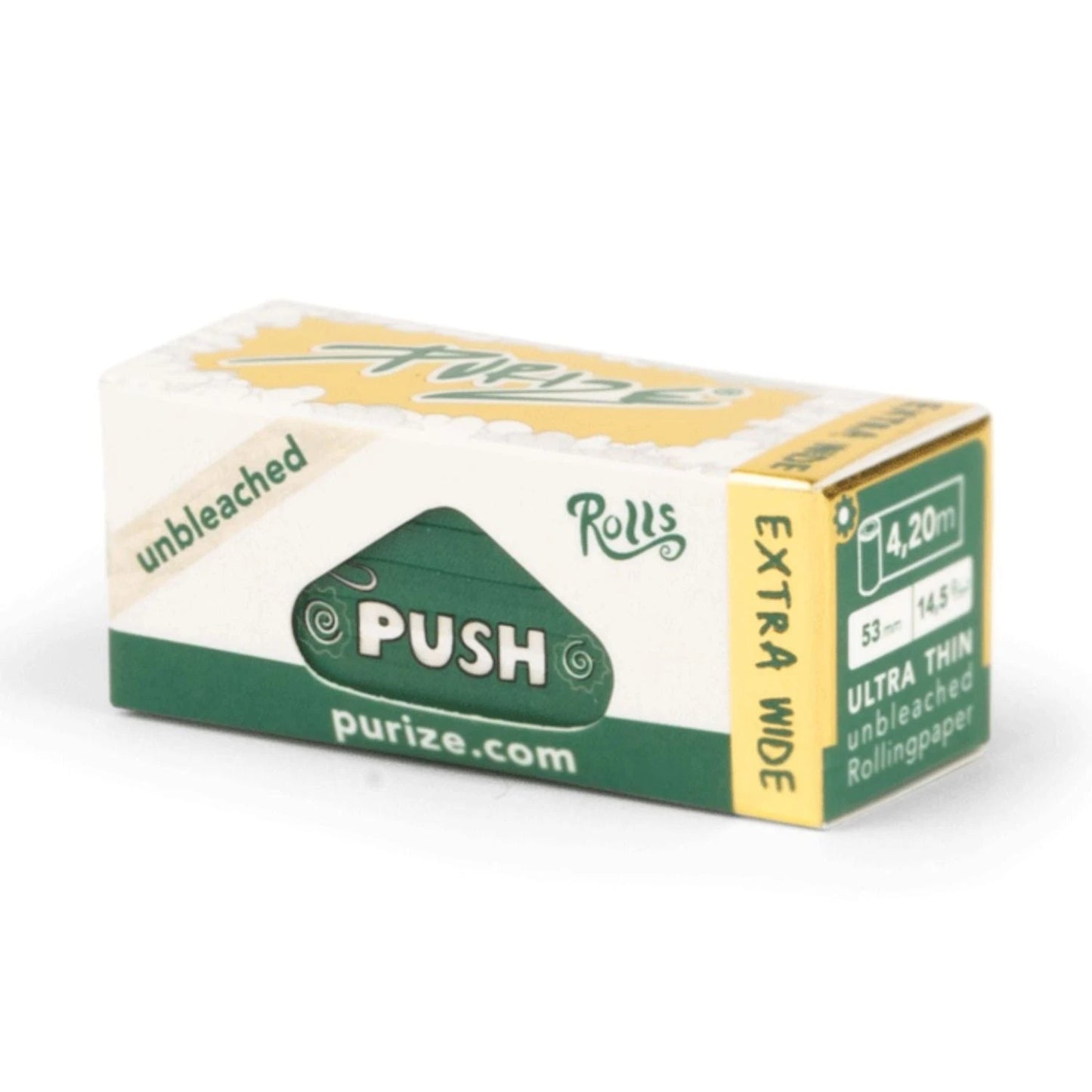 Purize Push Rolls Extra Wide – weiß-grüne Faltschachtel mit goldener Seitenlasche, Aufschrift "Unbleached Rolls", Ultra Thin Unbleached Rollingpaper, 4,20m Länge, 53mm Breite, 14,5g/m²