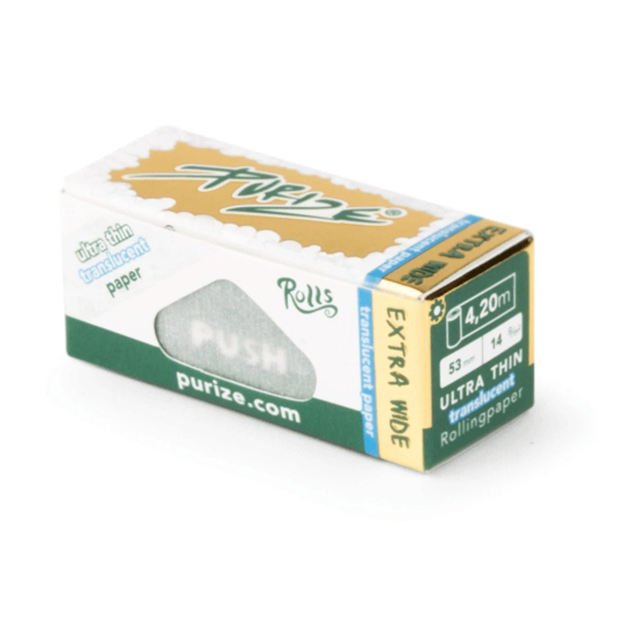 Purize Push Rolls Extra Wide Translucent – weiß-grüne Faltschachtel mit goldener Seitenlasche und blauem Translucent-Akzent, Aufschrift "Ultra Thin Translucent Rollingpaper", 4,20m Länge, 53mm Breite, 14g/m²