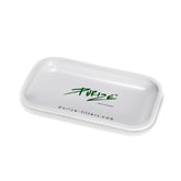 PURIZE Rolling Tray in Weiß, Metall-Rolltablett mit grünem PURIZE Logo und Schriftzug makes smoking NIZE und purize-filters.com