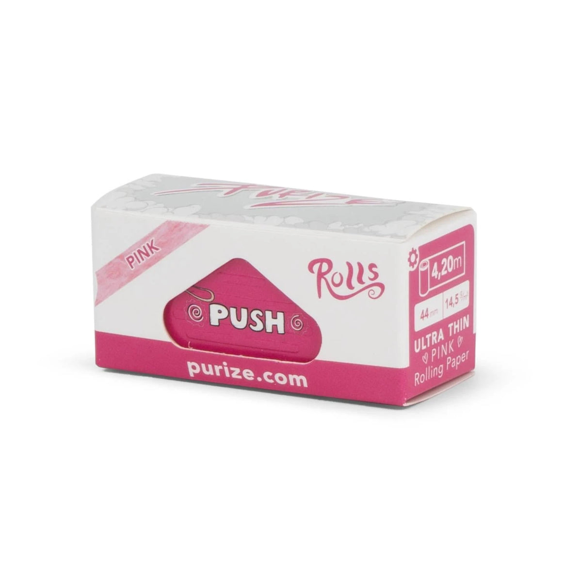 PURIZE Rolls Pink, ultradünnes Rolling Paper auf Rolle, 4,20 m Länge, 44 mm breit, in Spender-Verpackung mit Push-Mechanismus und purize.com