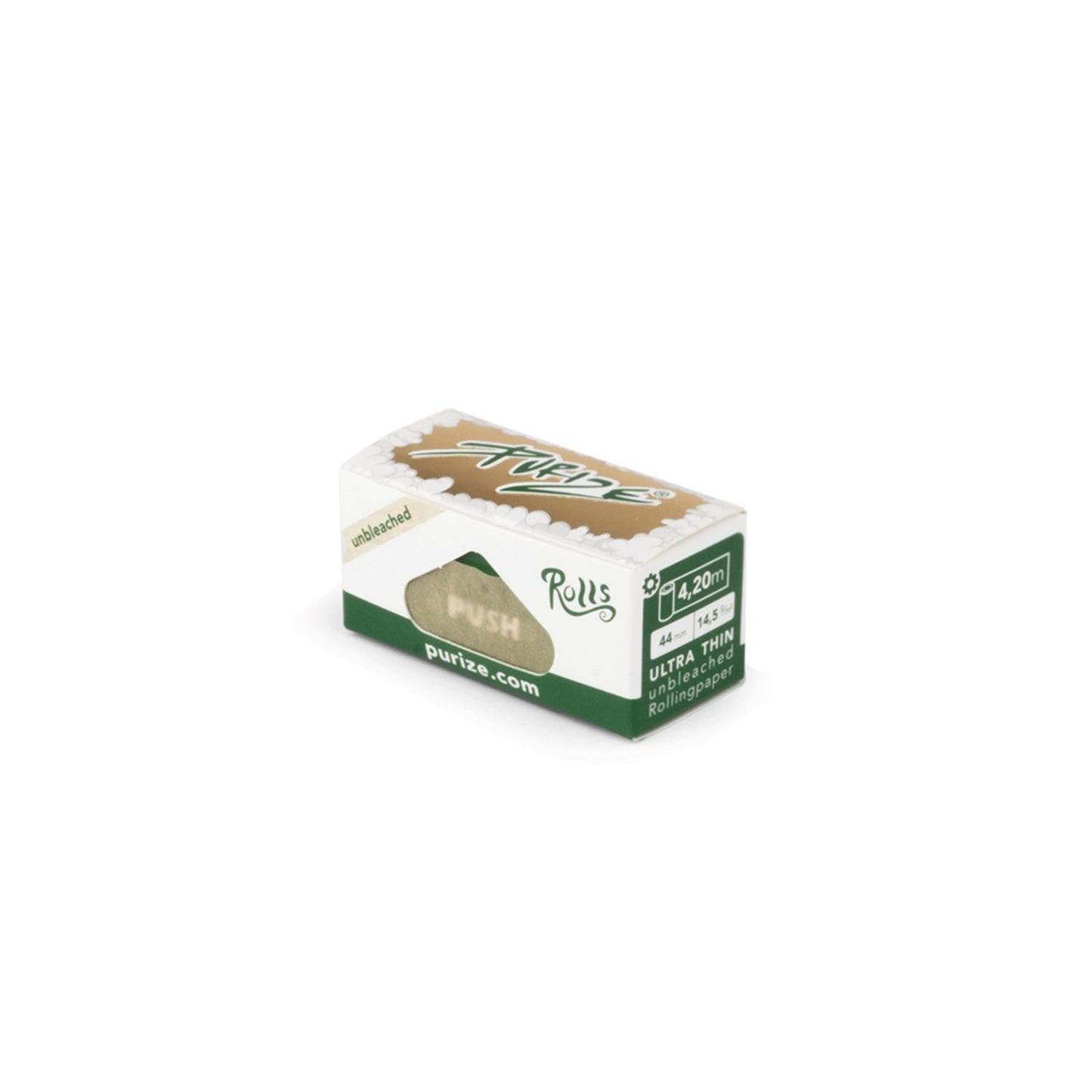 PURIZE Rolls Unbleached, ultradünnes ungebleichtes Rolling Paper auf Rolle, 4,20 m Länge, 44 mm breit, in Spender-Verpackung mit Push-Mechanismus und purize.com