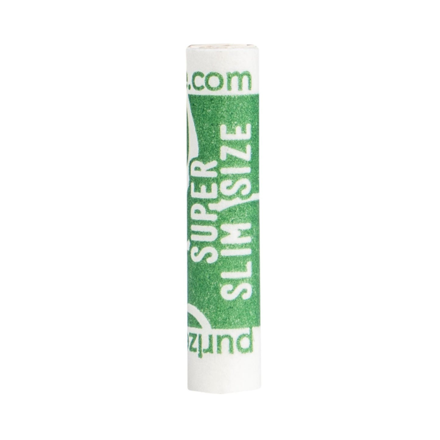PURIZE Super Slim Size Aktivkohlefilter einzeln stehend, 5 mm Durchmesser, grün-weißes purize.com Branding, hochkant mit sichtbarer Filterstruktur oben