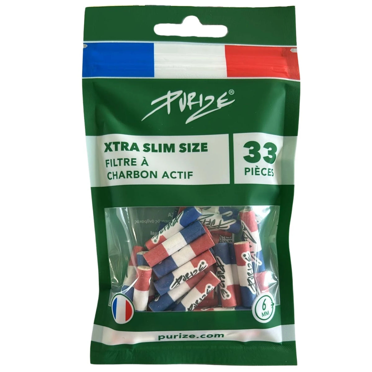 PURIZE Xtra Slim Size Verpackung France Edition mit 33 Filtre à Charbon Actif, 6 mm, Frankreich-Flagge, gefüllt mit Aktivkohlefiltern im Blau-Weiß-Rot Trikolore Design