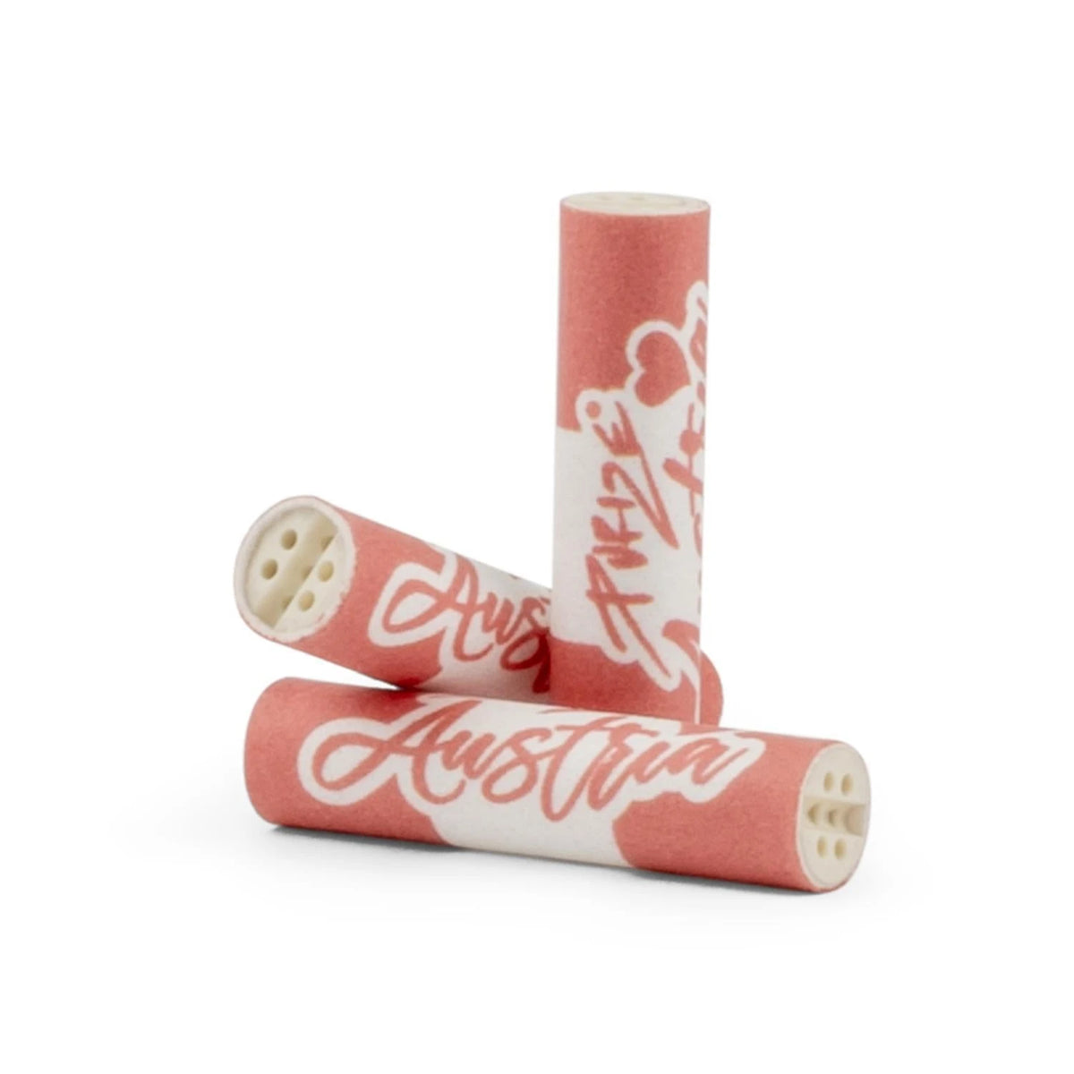 Drei PURIZE Xtra Slim Size Aktivkohlefilter Austria Edition im rot-weißen Design mit Austria Schriftzug, 6 mm, sichtbare Mehrloch-Keramikkappe