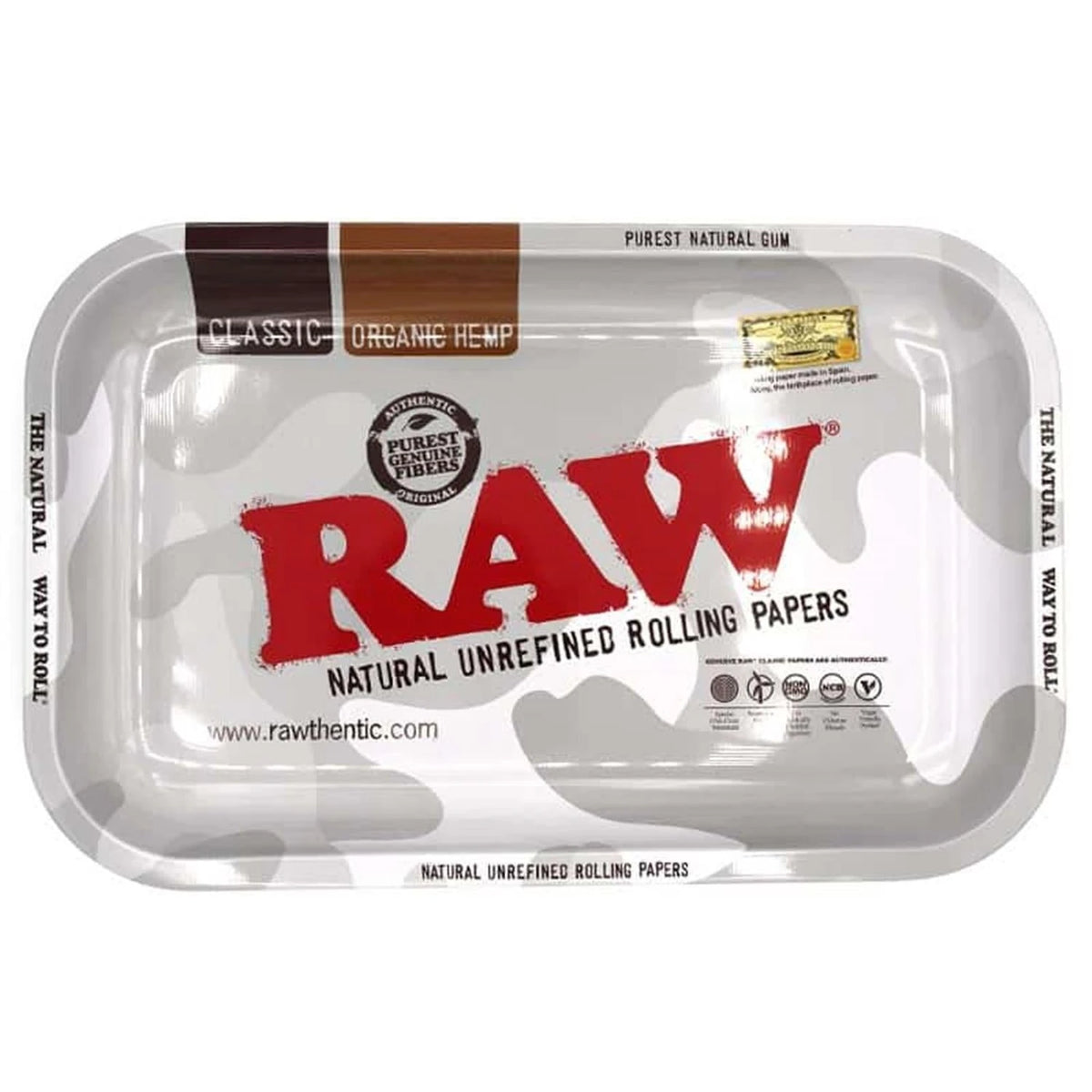 RAW Rolling Tray Camouflage weiß-grau, Natural Unrefined Rolling Papers, Classic Organic Hemp, Draufsicht